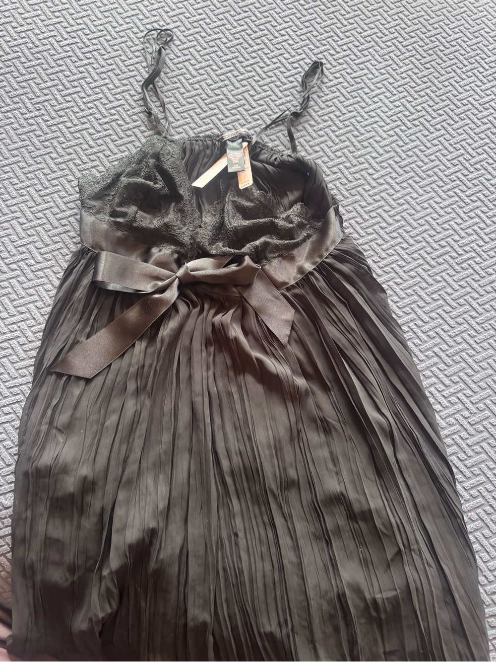 Victoria's Secret Black Pleated Satin & Lace Chemise with Bow